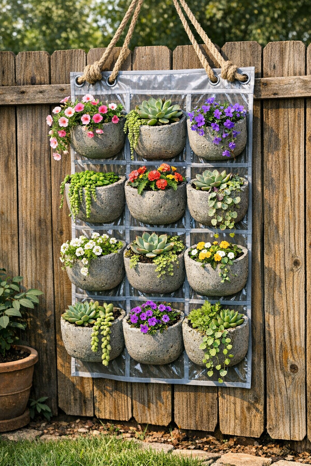 Finished heavy hanging yard pods made from a plastic shoe organizer and cement