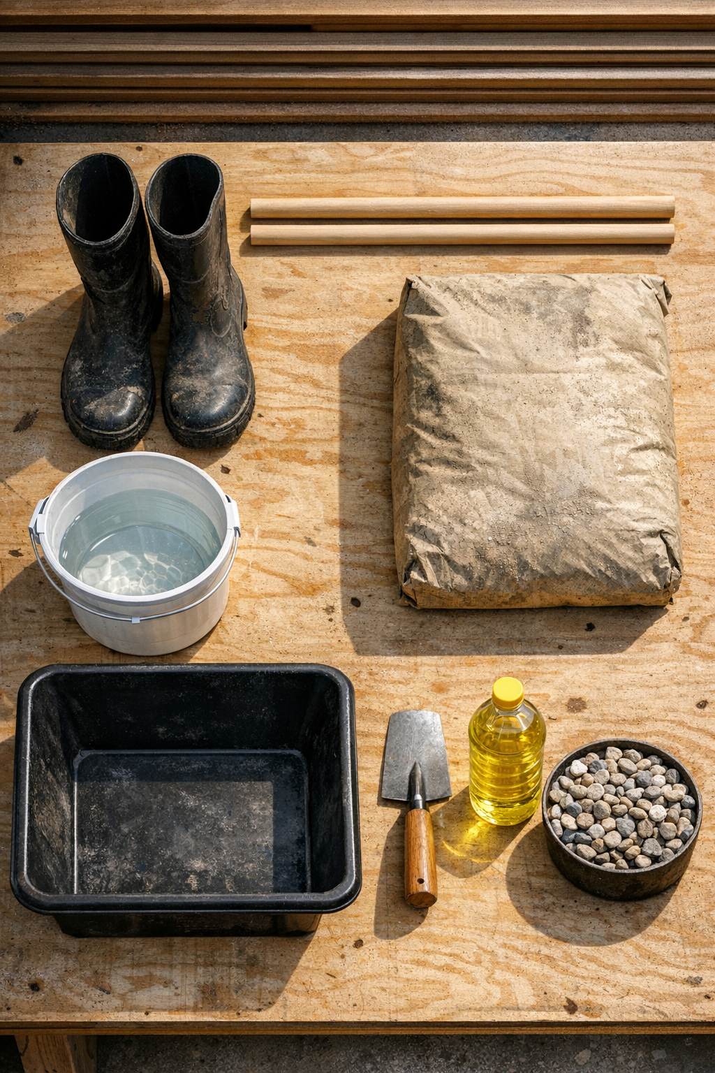 Materials laid out for concrete garden boot patio stands