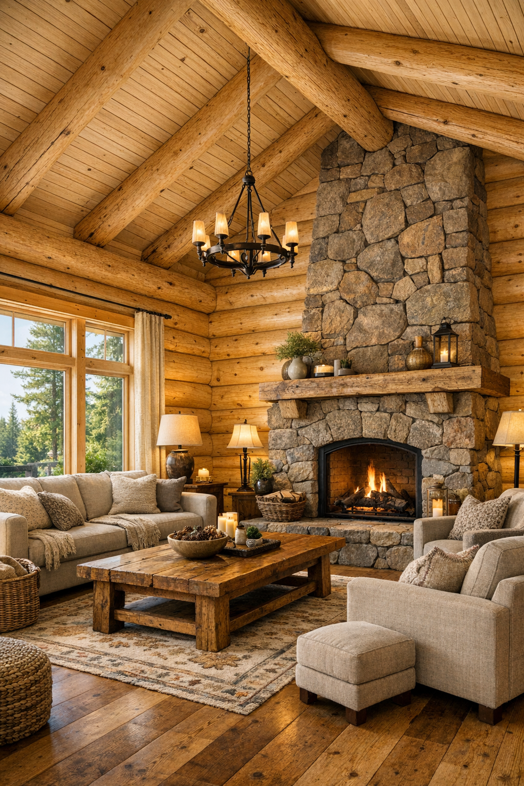 Warm cedar living room with stone fireplace and soft neutral seating