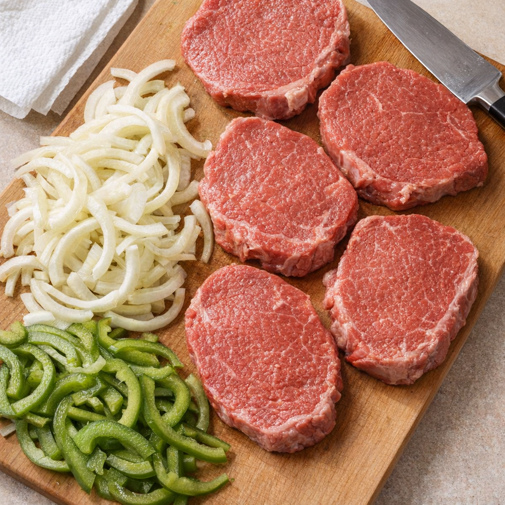 Prepared raw steak with sliced onions and peppers on cutting board