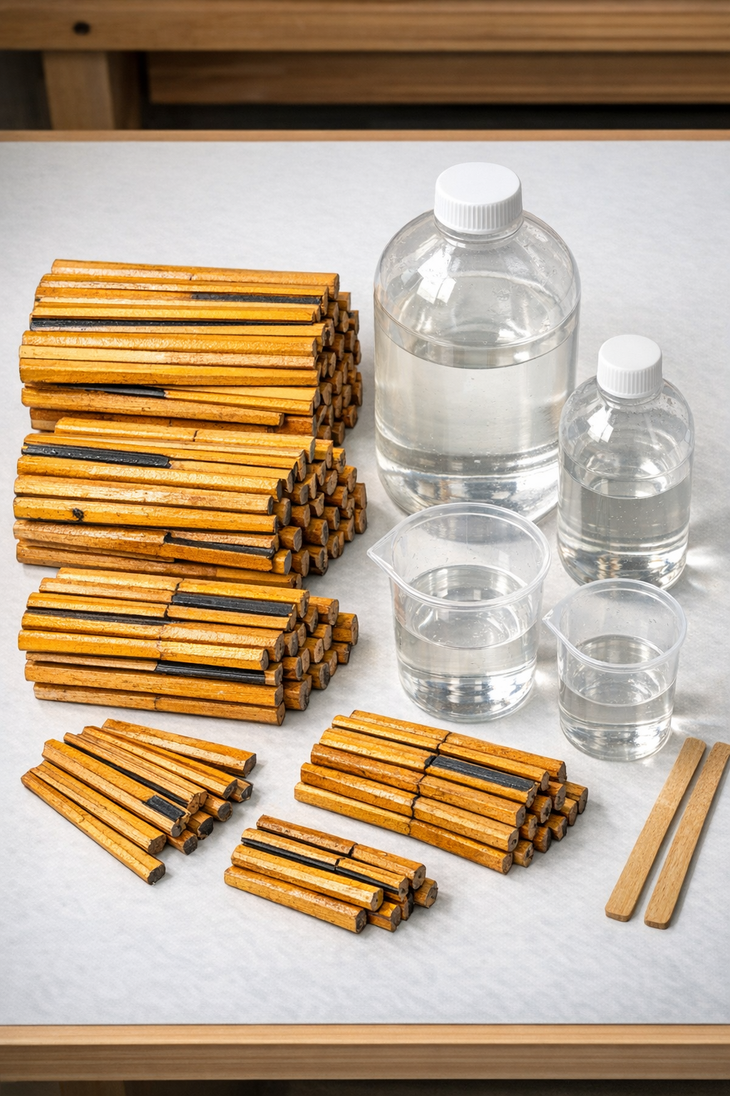 Soaked split yellow pencils and epoxy resin laid out for the project