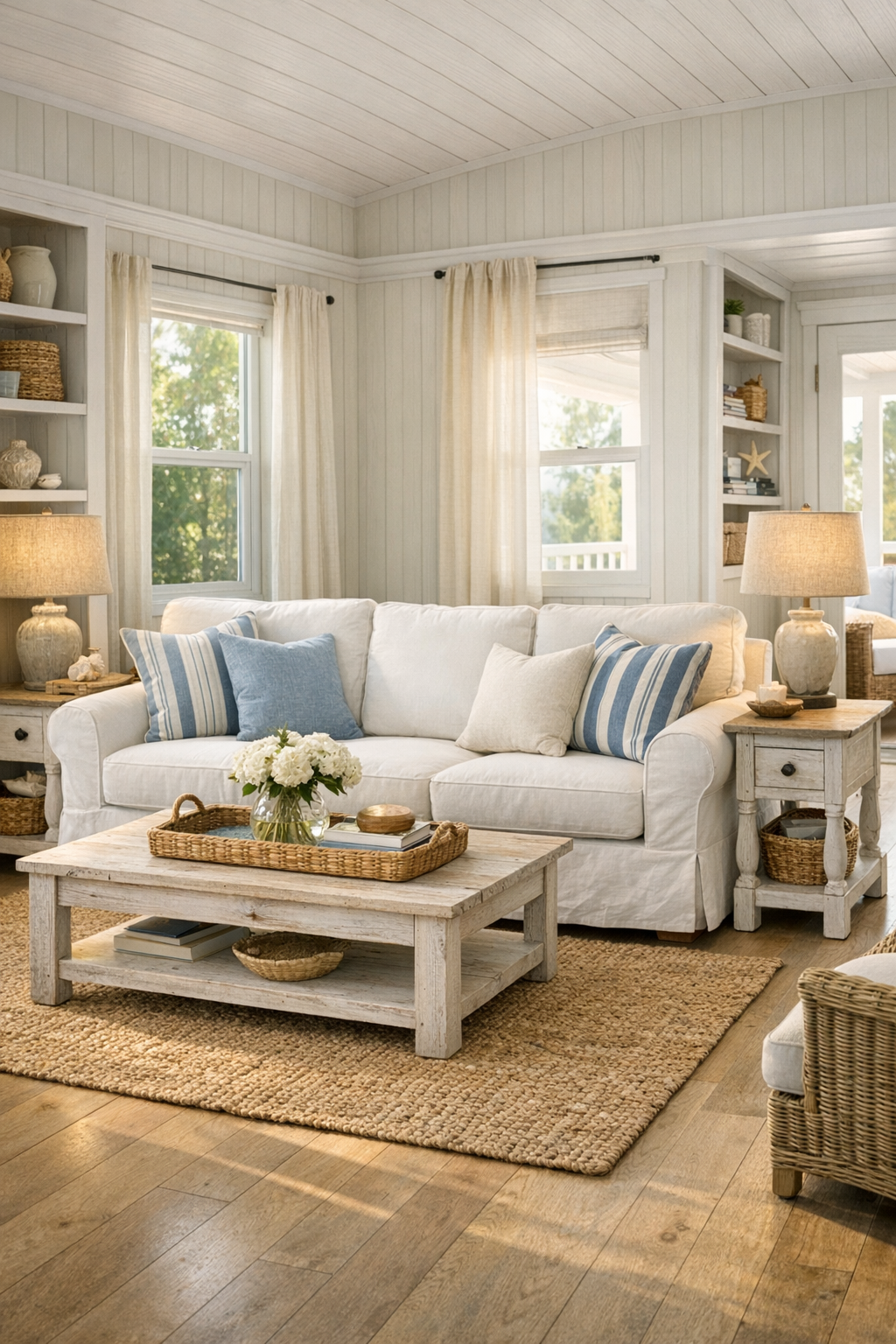 Bright coastal cottage living room with white slipcovered sofa and pale wood finishes