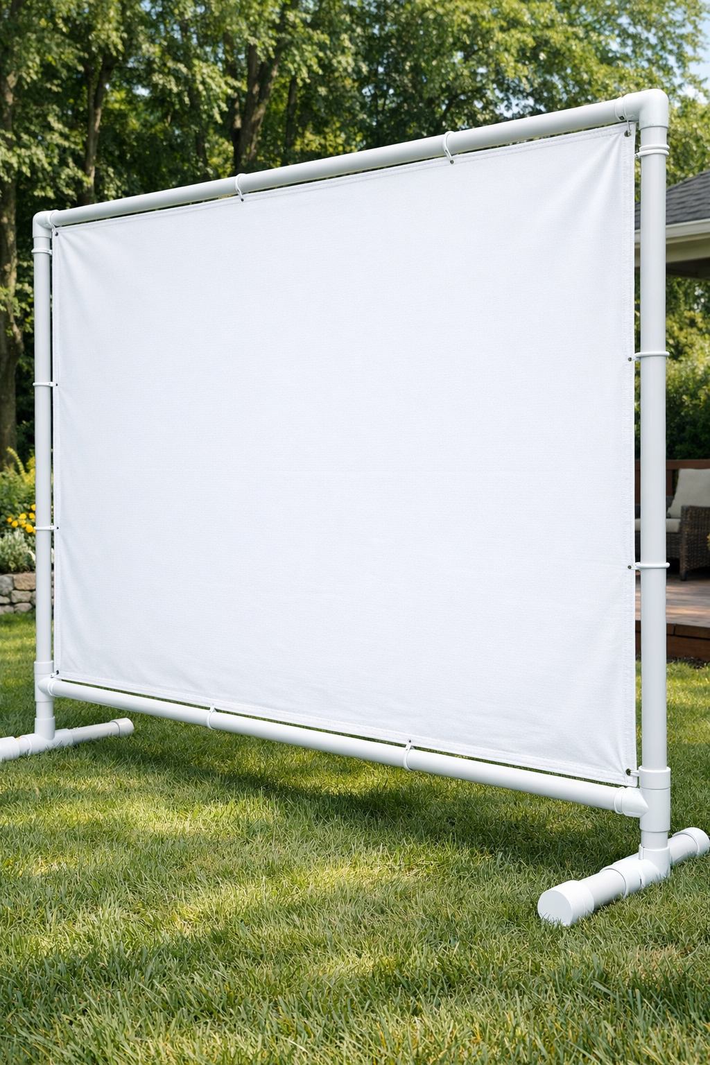 Finished DIY outdoor movie screen in a backyard