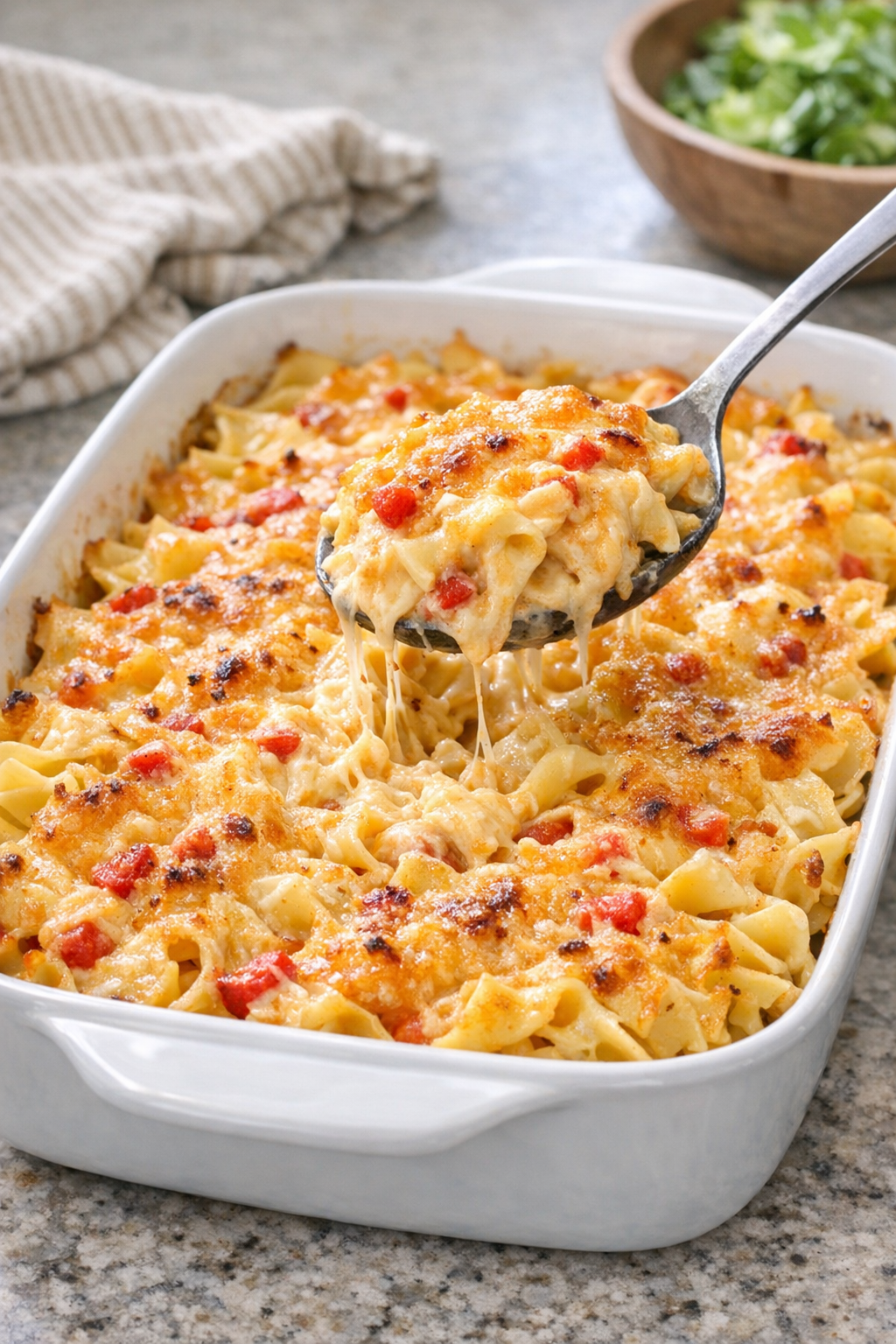 Finished baked pimiento cheese noodle casserole in a white baking dish