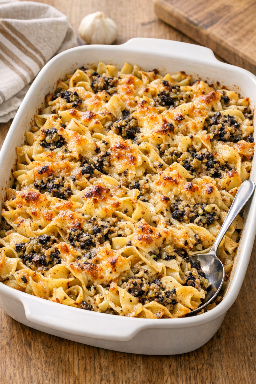 Finished baked olive tapenade noodles in a casserole dish