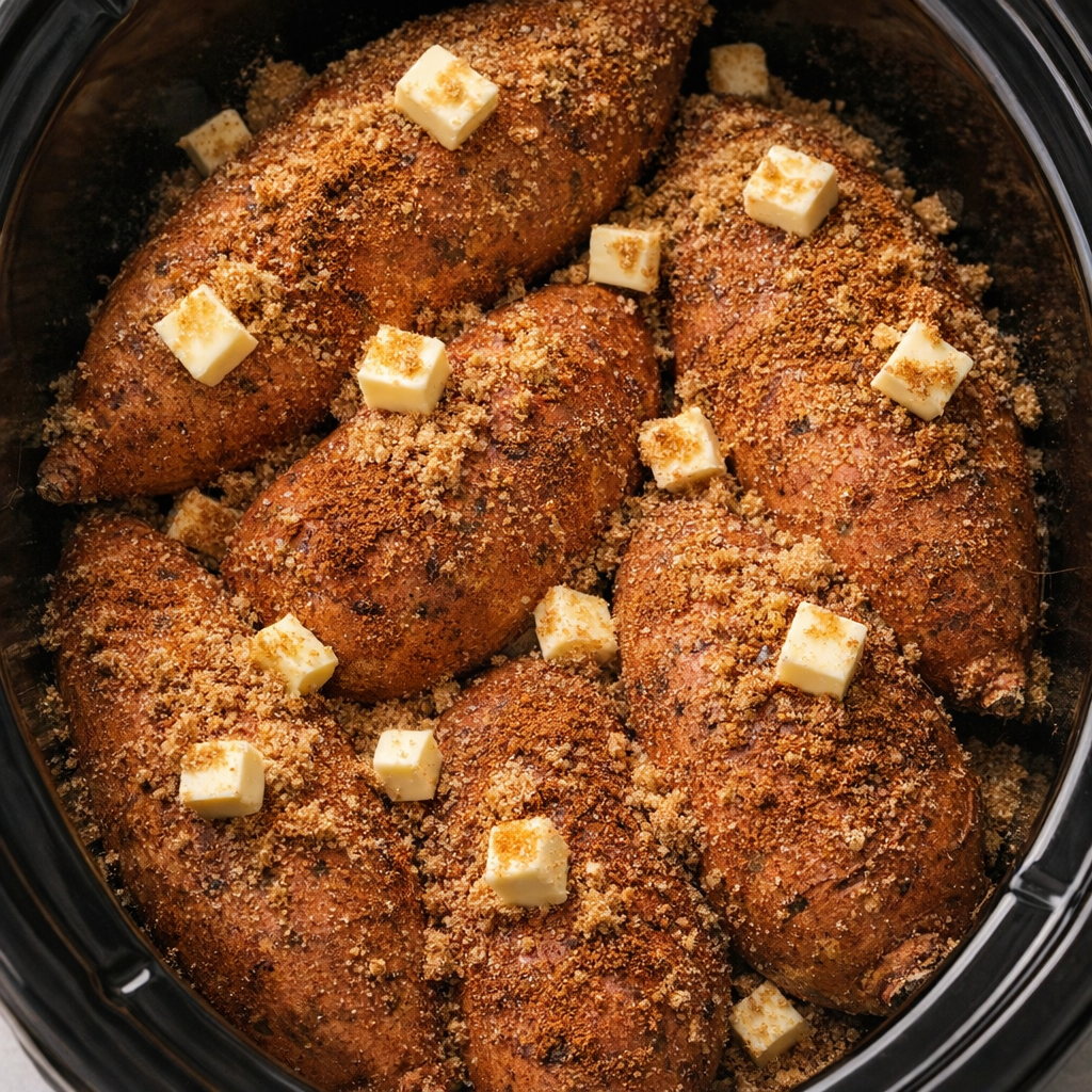 Brown sugar, butter, and cinnamon layered over sweet potatoes in a slow cooker