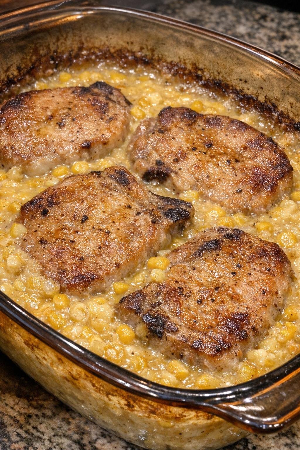 Golden browned pork chops with creamy corn in a vintage amber casserole dish