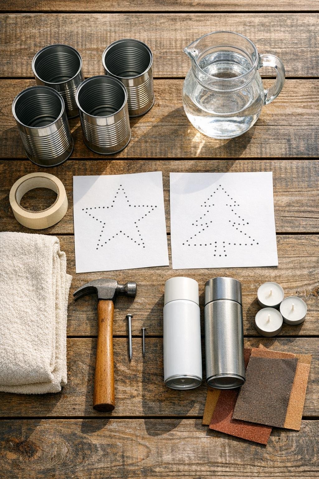 Materials for making punched-tin soup can luminaries laid out on a table