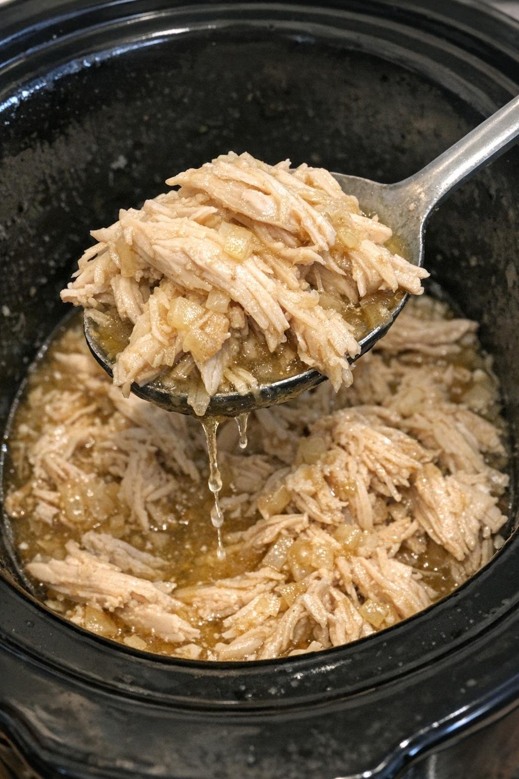 Tender shredded turkey breast in a slow cooker