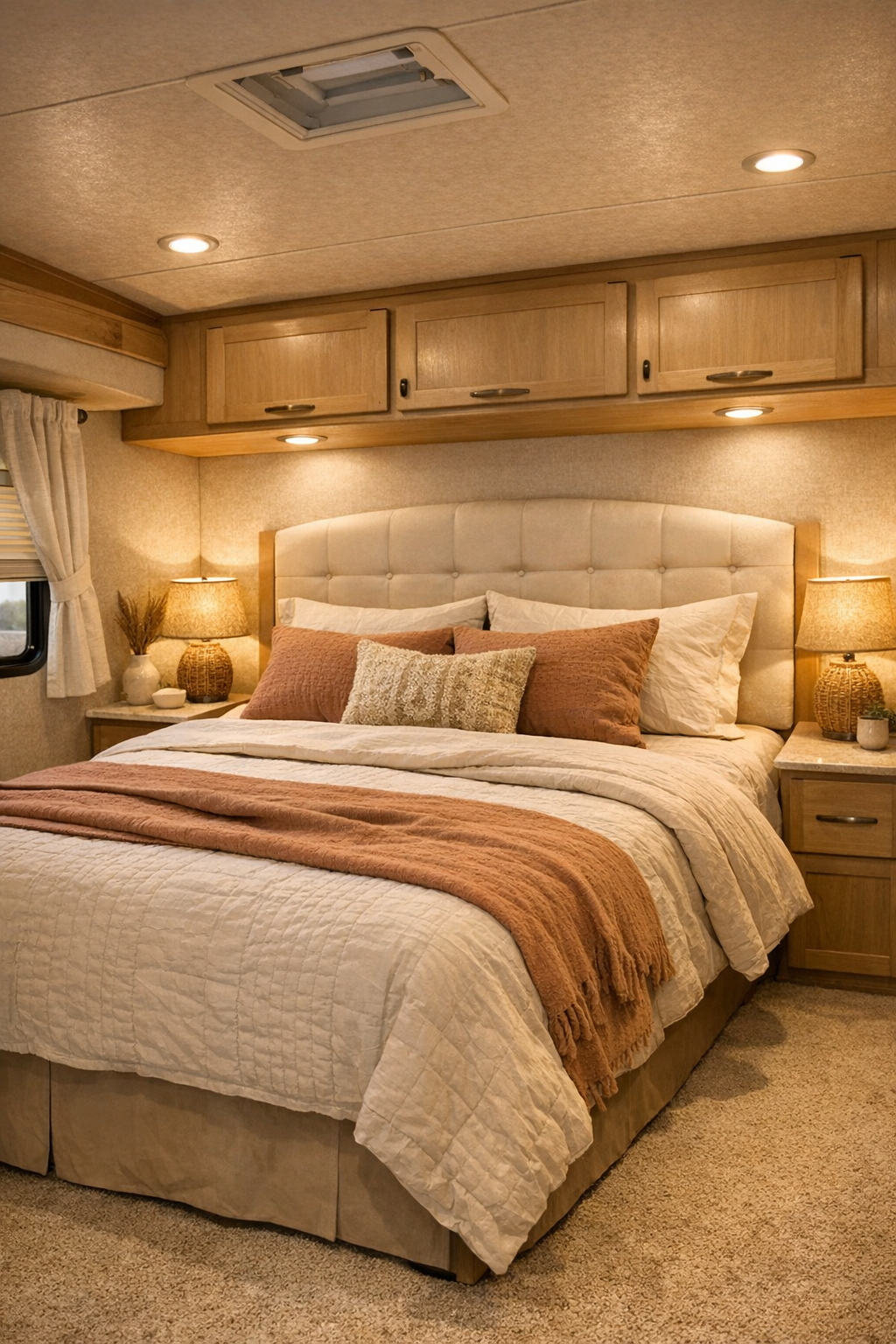 Serene RV bedroom with warm neutrals and accessible bed layout