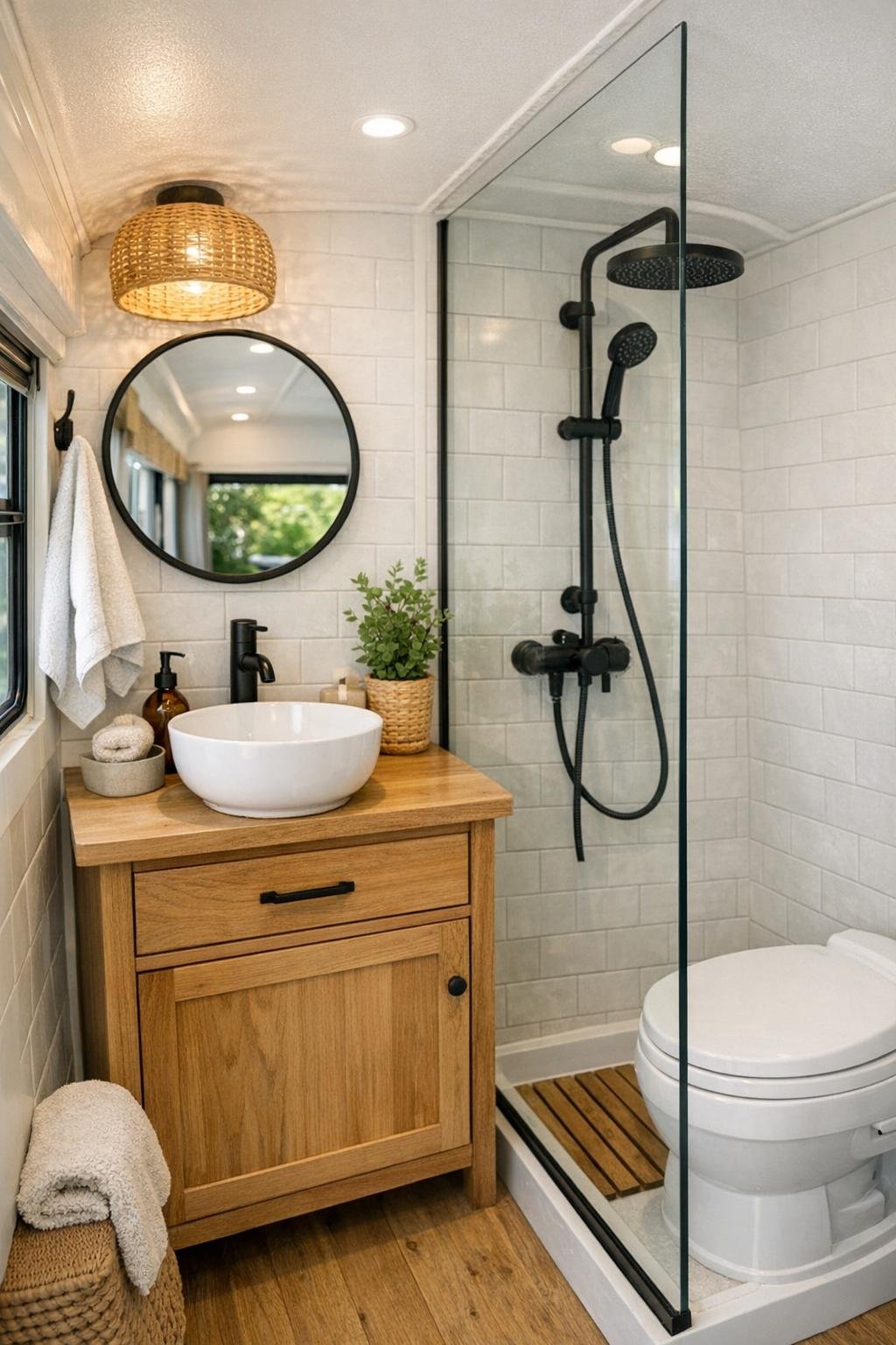 Compact bus bathroom with wood vanity, white tile, and black fixtures