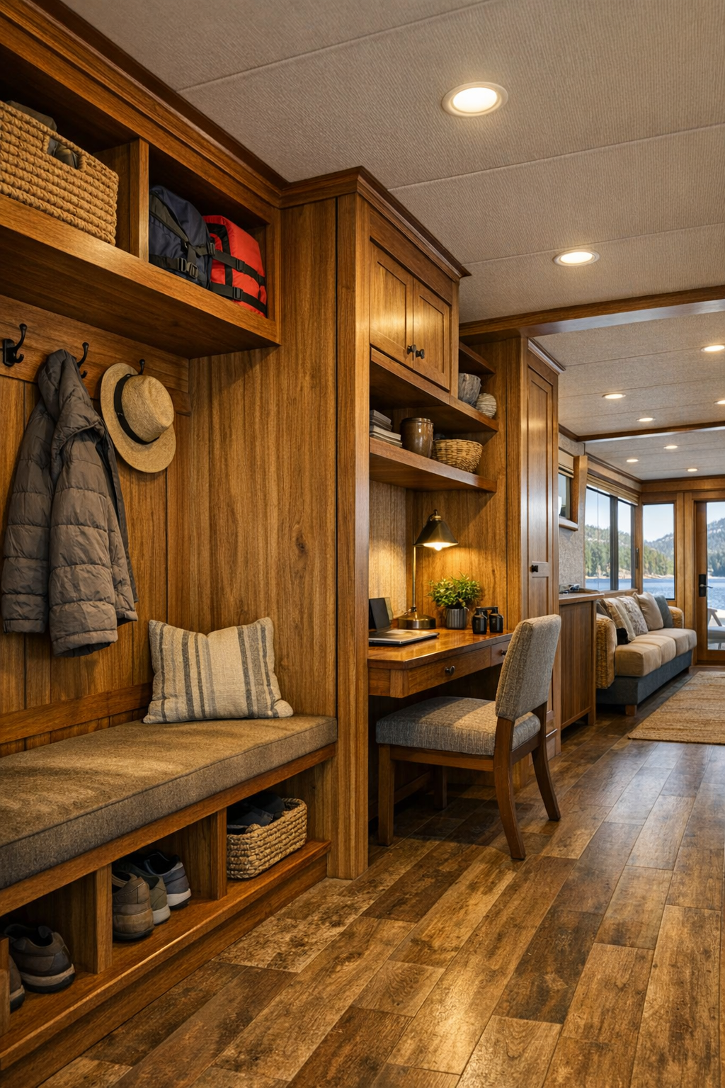 Thoughtful secondary space with built-in storage, a small work nook, and durable finishes