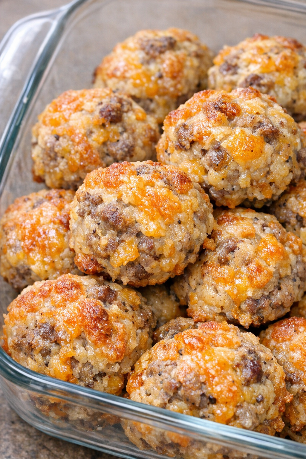 Baked southern sausage cheese balls in a glass casserole dish