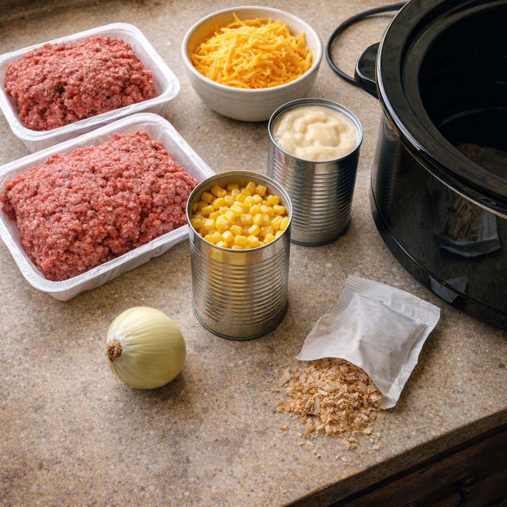 Slow cooker casserole ingredients gathered on a country kitchen counter