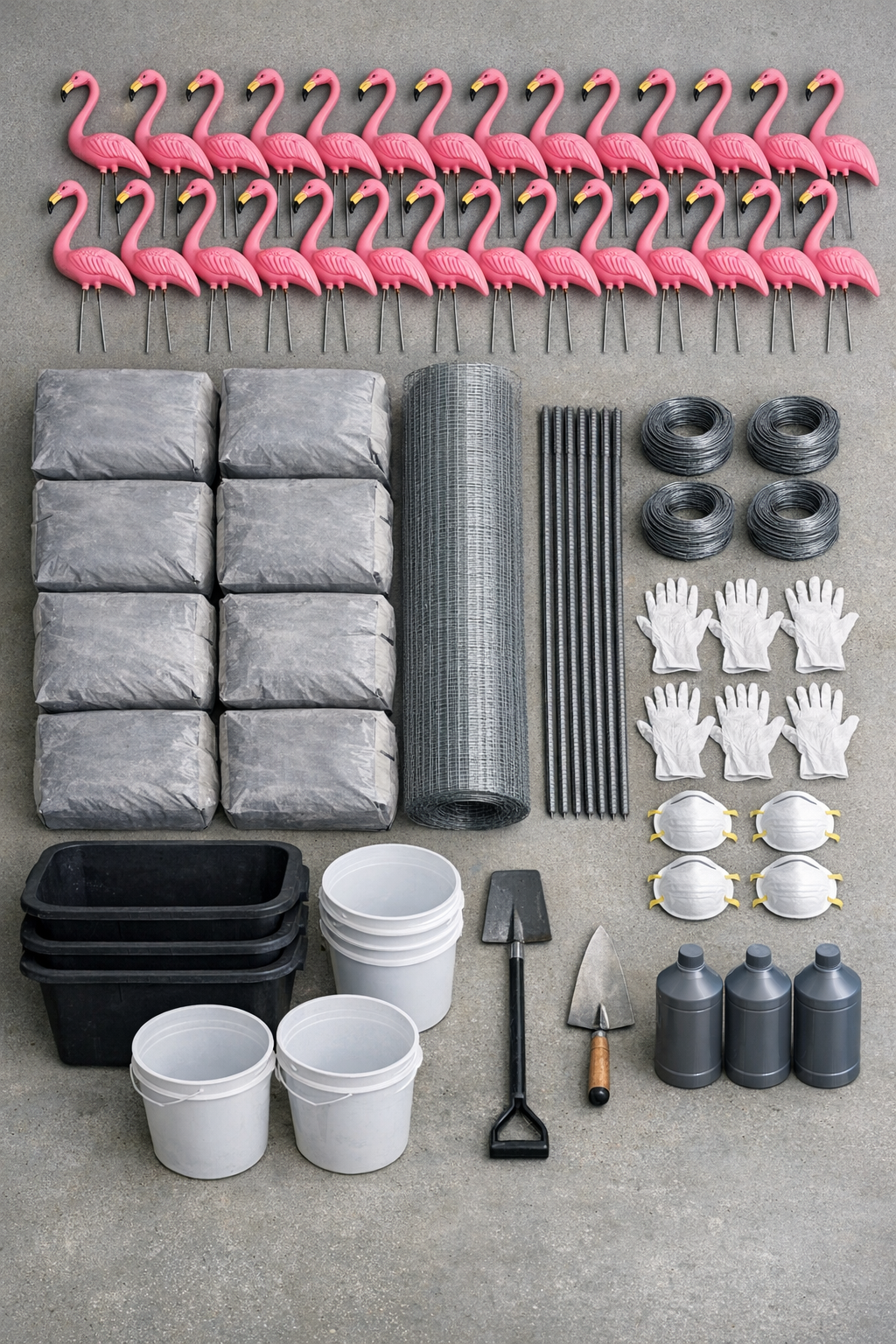 All materials laid out for making faux-stone flamingo gargoyles