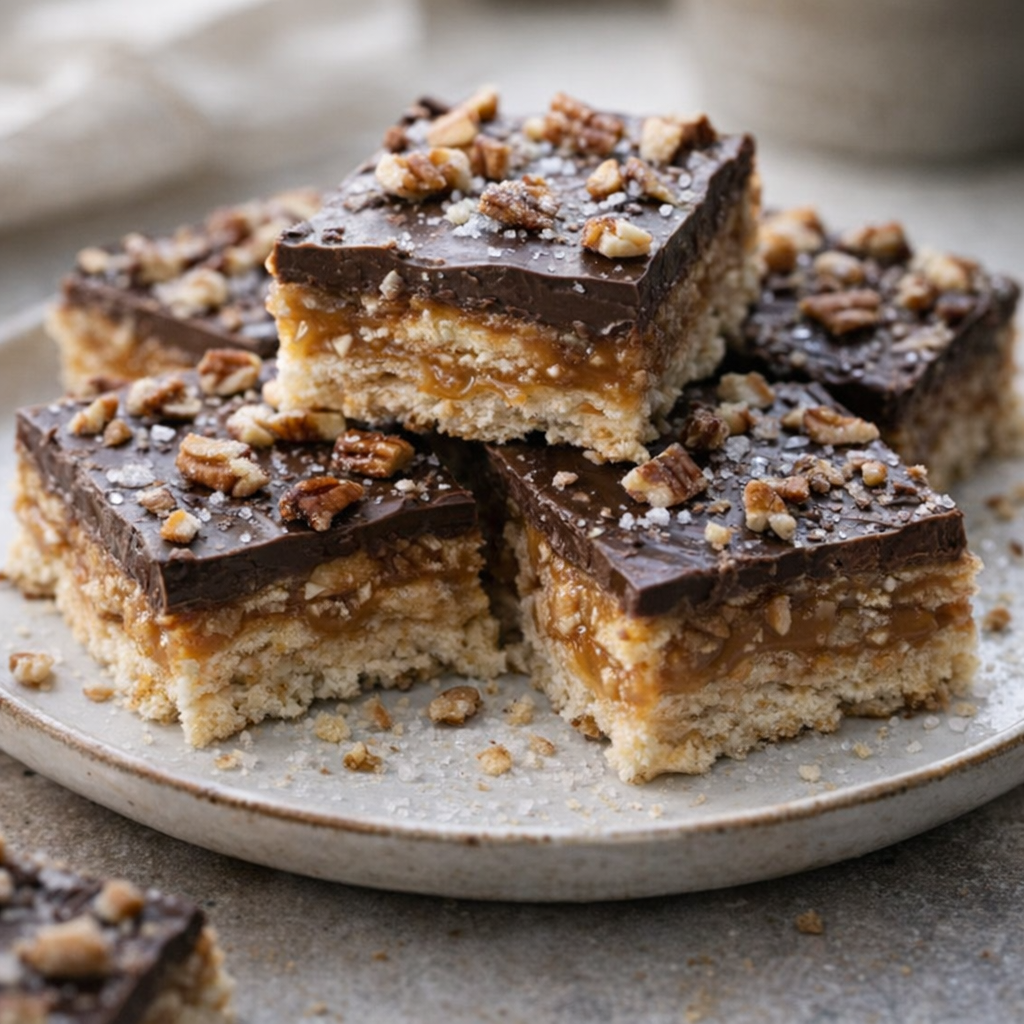 Rustic chocolate caramel dessert squares topped with chopped pecans