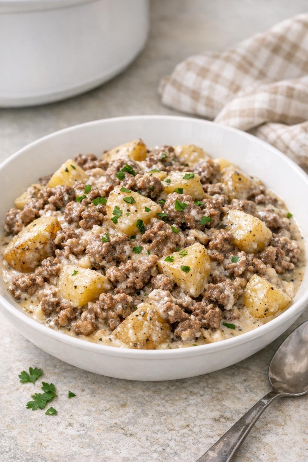 Creamy ranch beef and potatoes plated in a rustic bowl