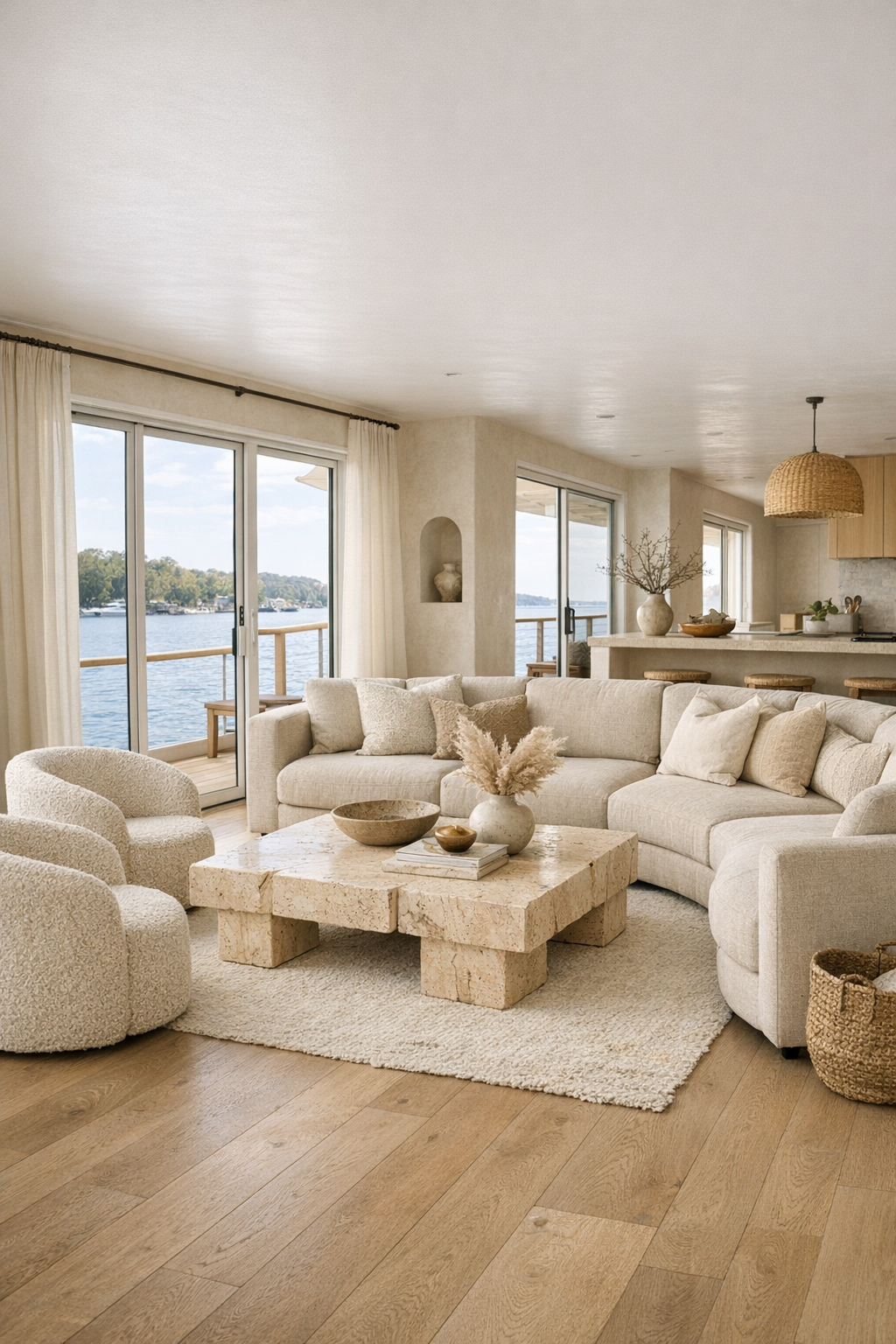 Bright Mediterranean-style barrier-free living room with linen seating and travertine table