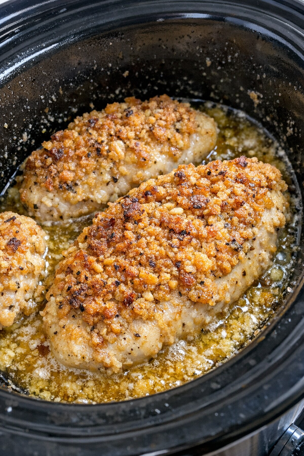 Slow cooker butter cracker chicken in a black slow cooker