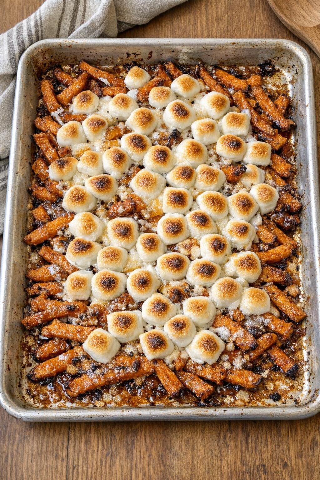 Finished sweet potato fry dessert on a sheet pan