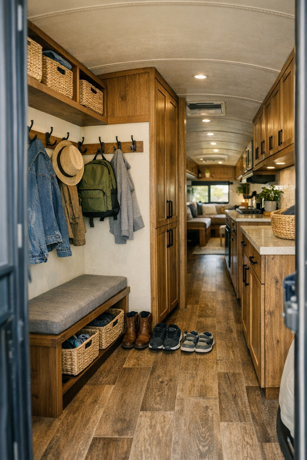 Functional entry and hallway storage area inside a converted bus with hooks, bench, and built-in cabinets