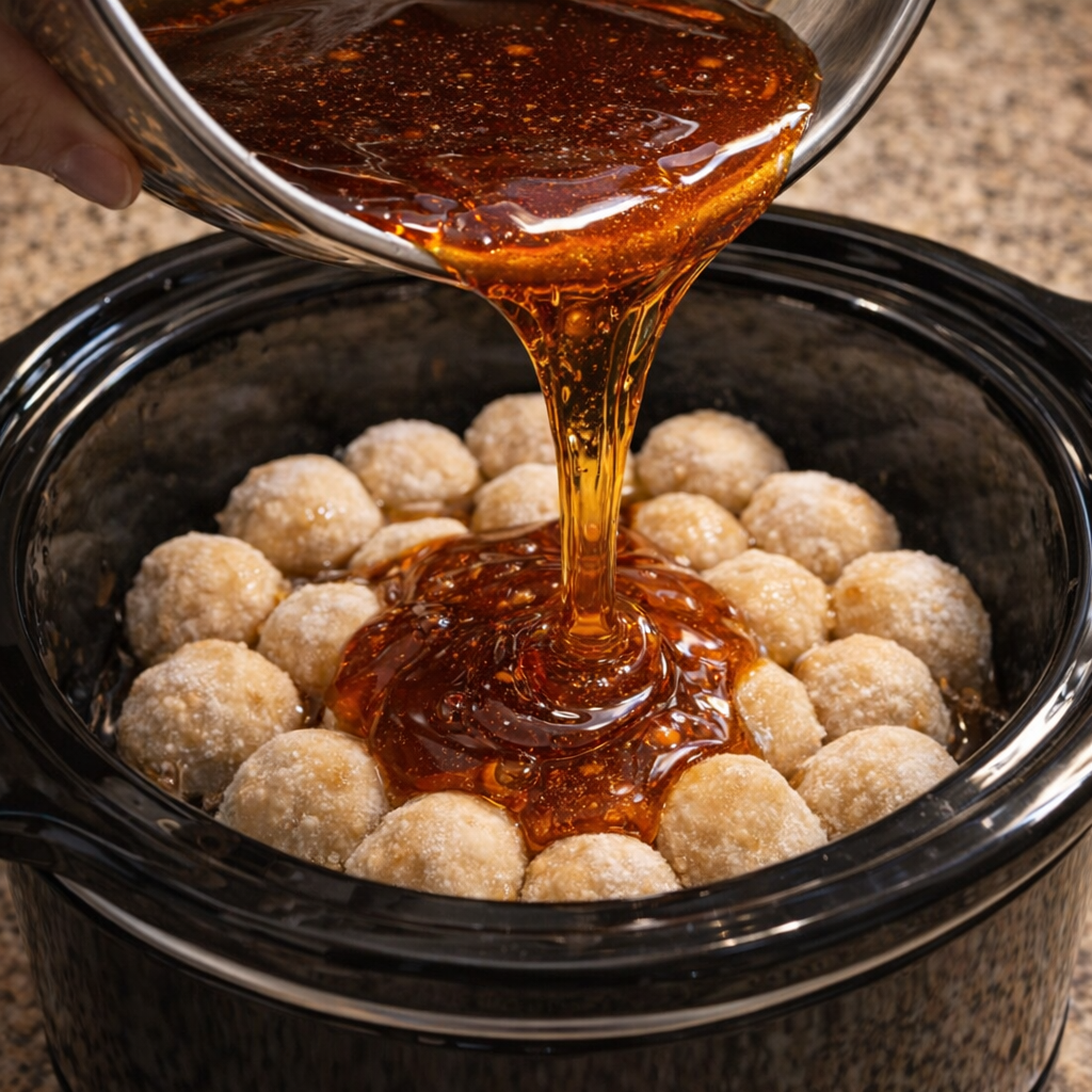 Cinnamon syrup being poured over dough balls