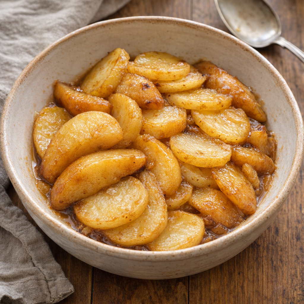 Slow cooker apple and potato bake served warm in a rustic bowl