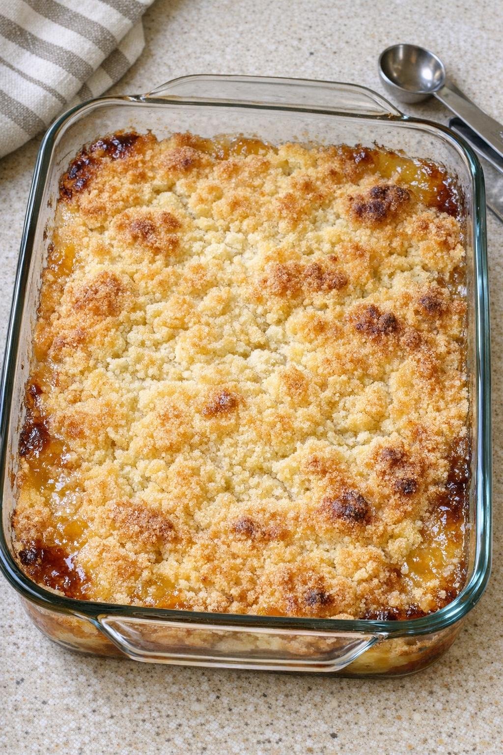 Finished baked cake mix dessert in glass baking dish