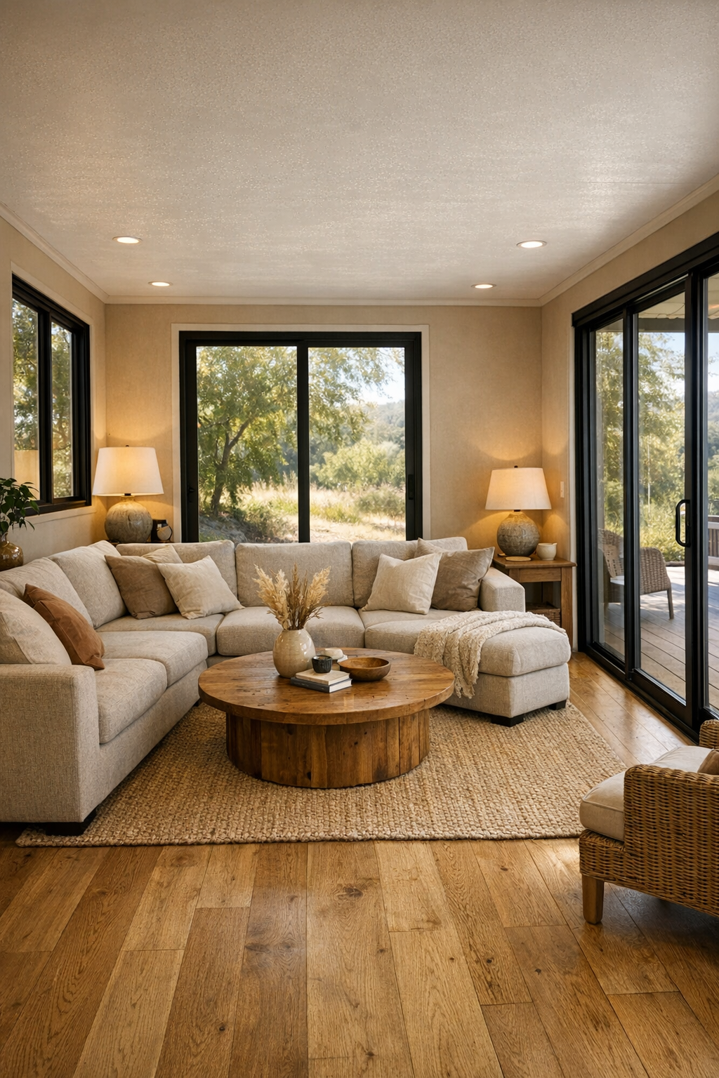 Warm modern living room with oatmeal sectional, oak floors, and soft layered lighting