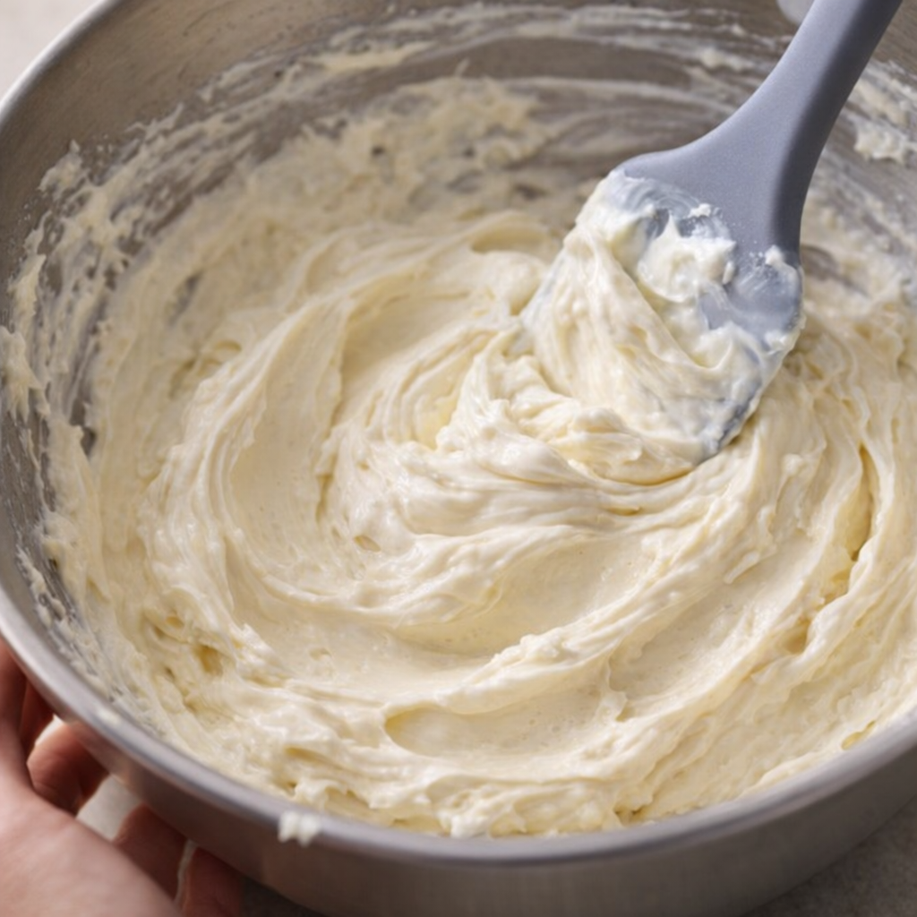 Cream cheese and mayonnaise being mixed in a bowl