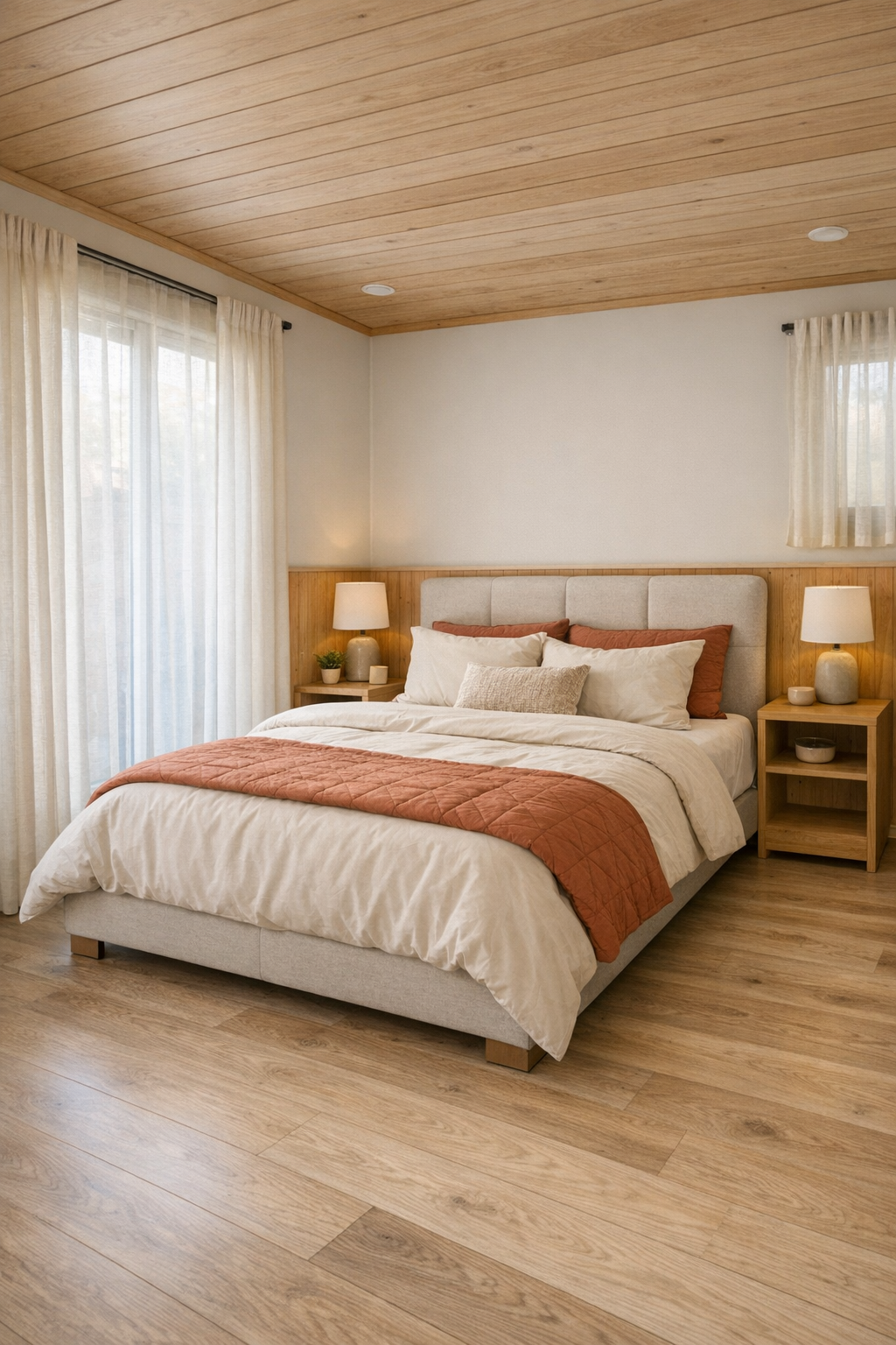 Calm accessible bedroom with warm neutral bedding, terracotta accents, and clear space around the bed