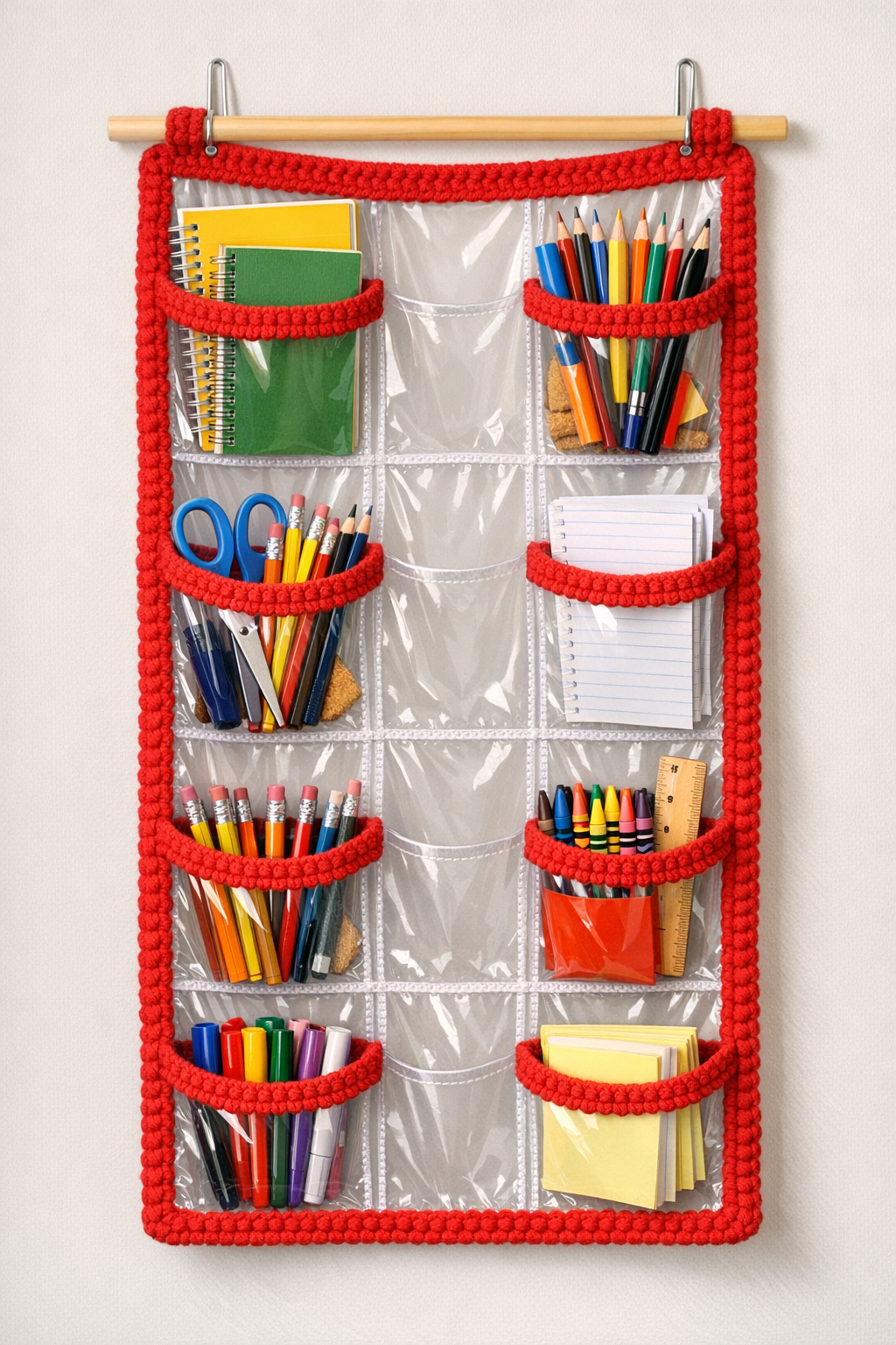 Finished crocheted back to school wall pocket organizer hanging on a wall