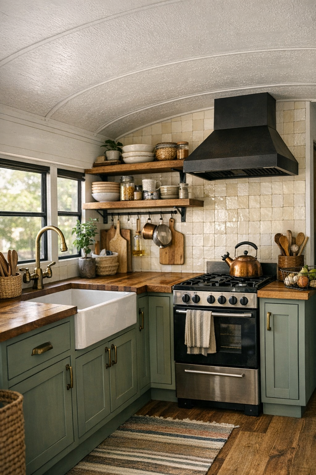 Galley kitchen in a converted bus with sage cabinets and butcher block counters