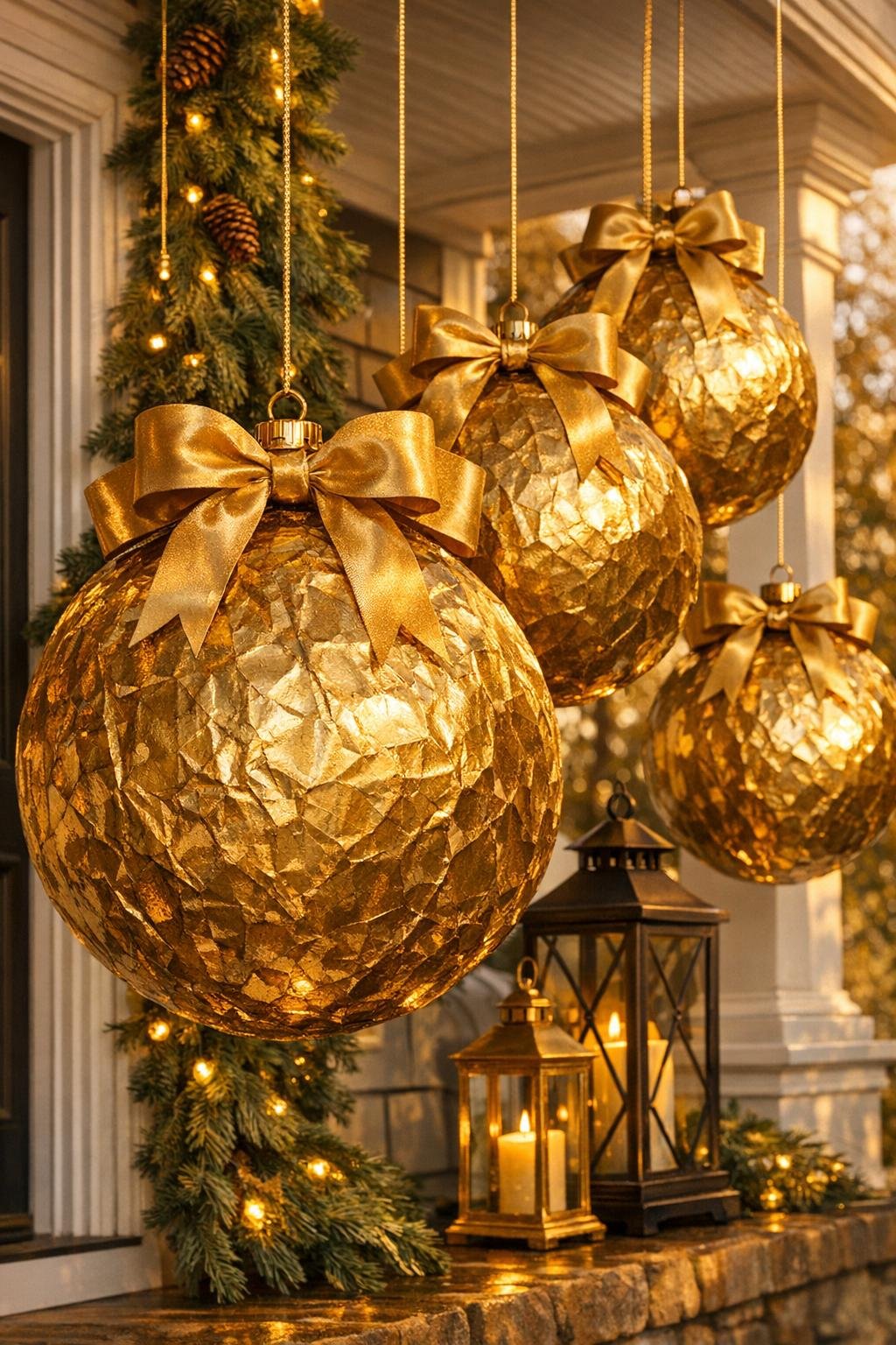 Giant gilded porch ornaments made from brown paper lunch bags hanging on a decorated porch