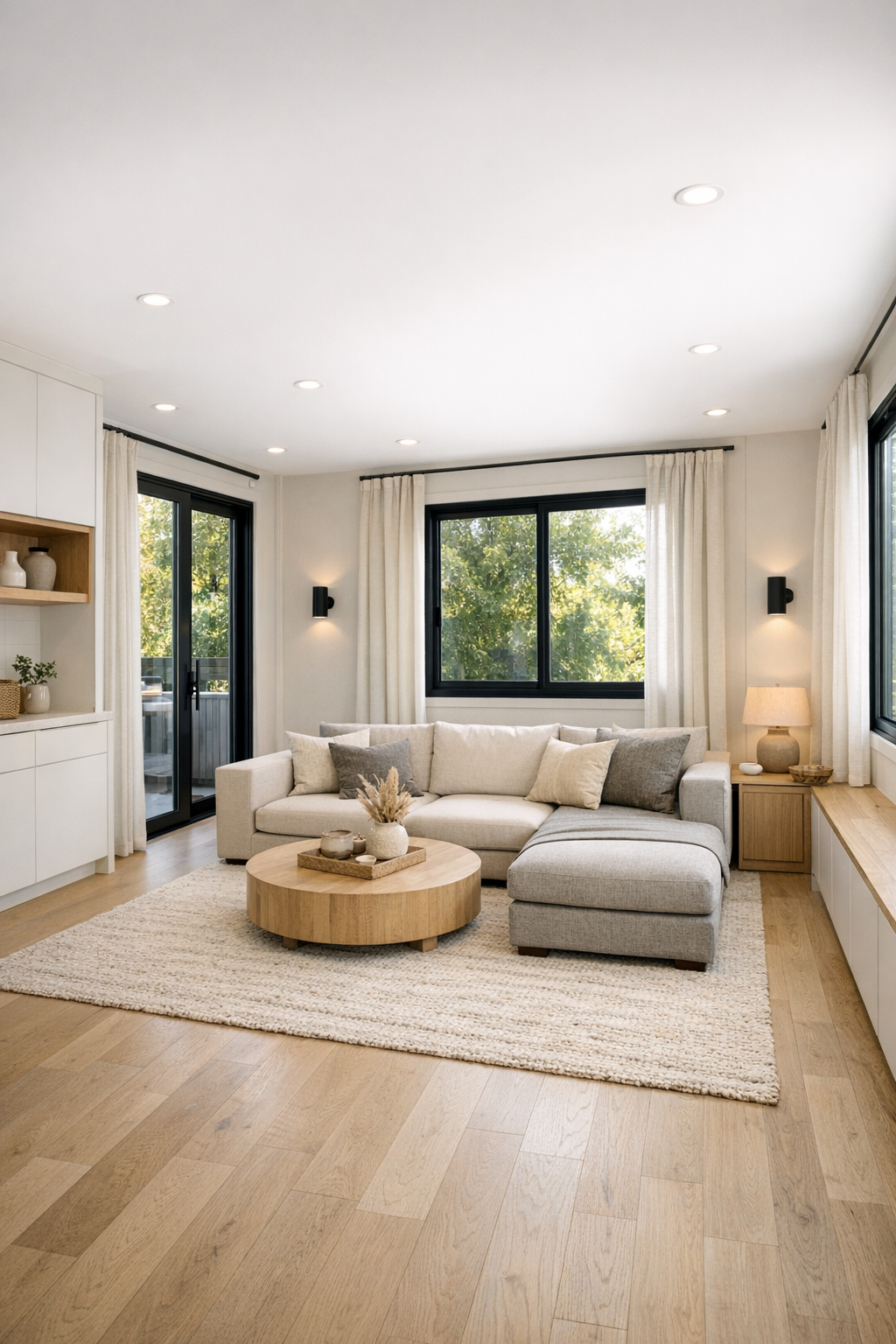 Accessible modern living room with ash gray tones, pale oak floors, and a low sectional