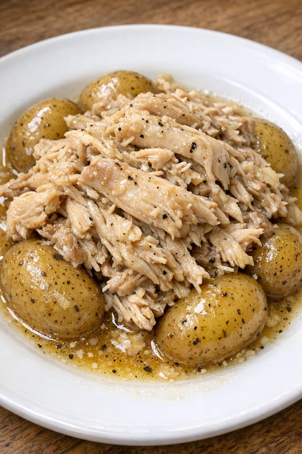 Slow cooker Amish chicken and potatoes plated on a white ceramic plate