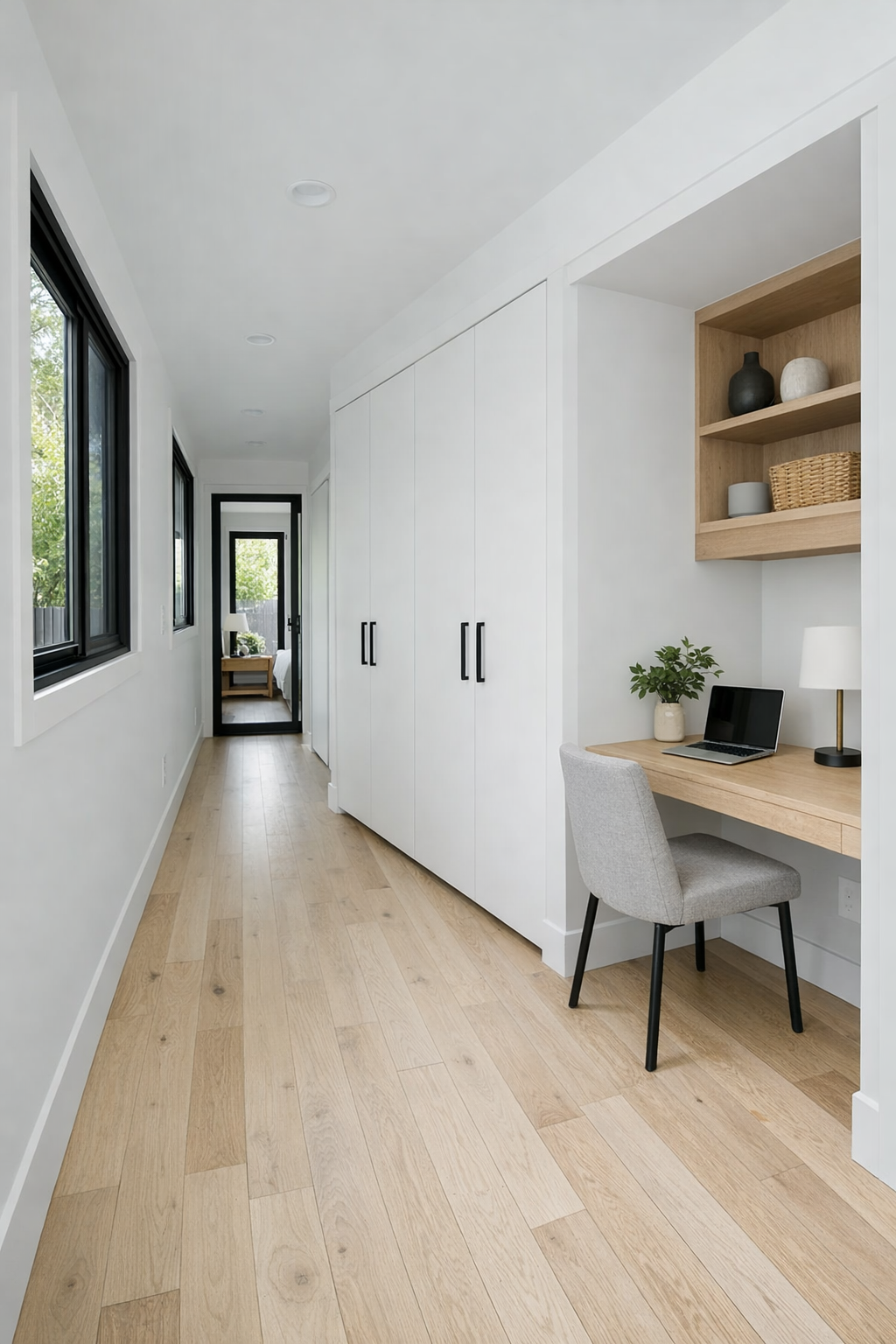 Bright hallway and flex area with built-in storage in a modern container home