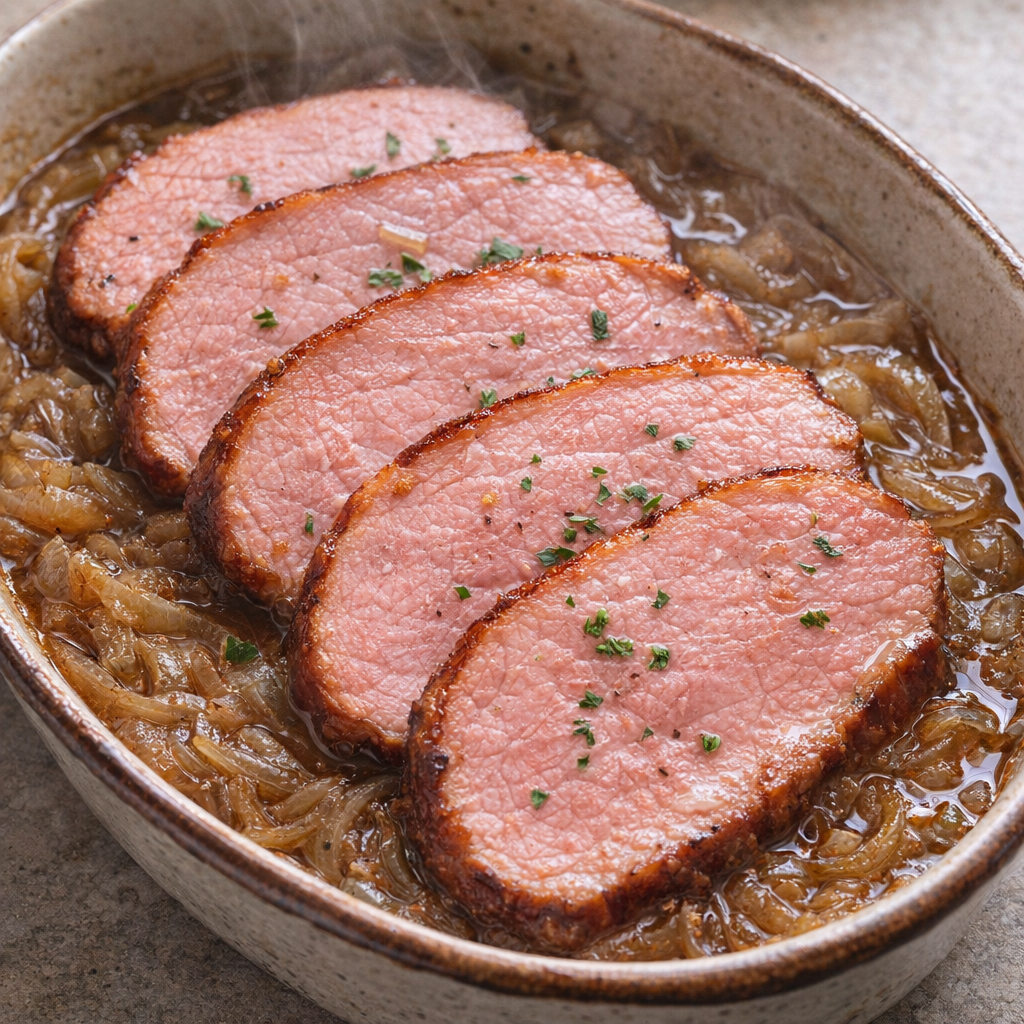 Slow cooker ham with sweet onions in a rustic serving dish