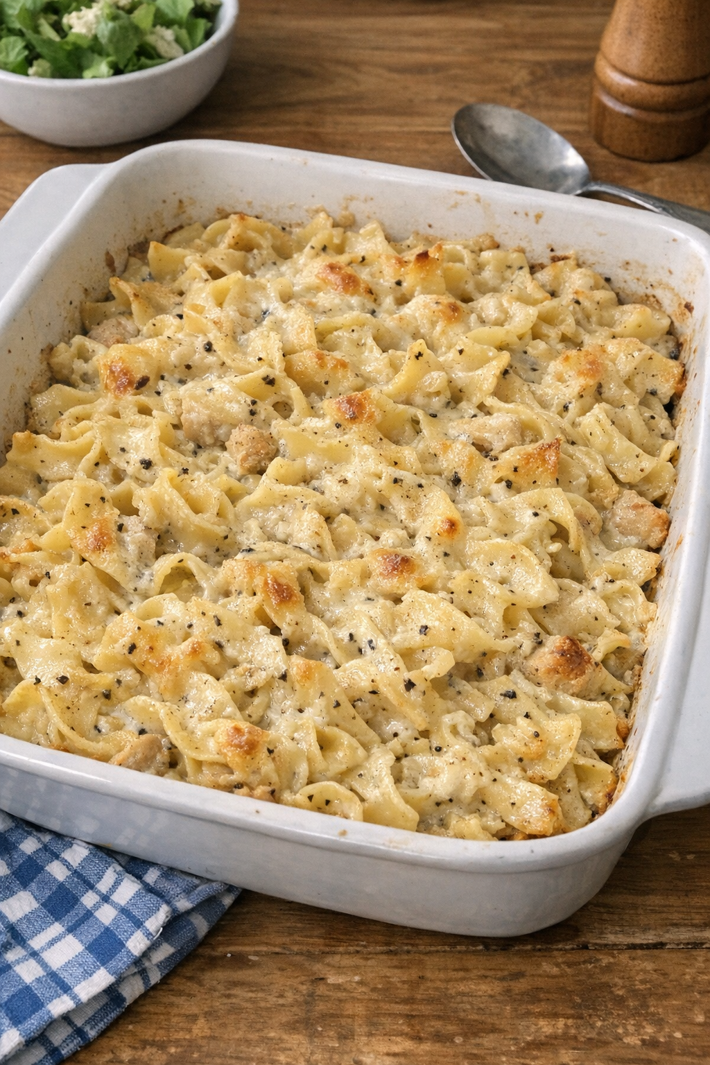 Finished baked peppercorn ranch egg noodle casserole in a rustic baking dish