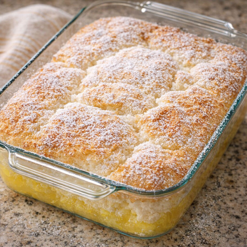 Lemon angel food cake dusted with powdered sugar