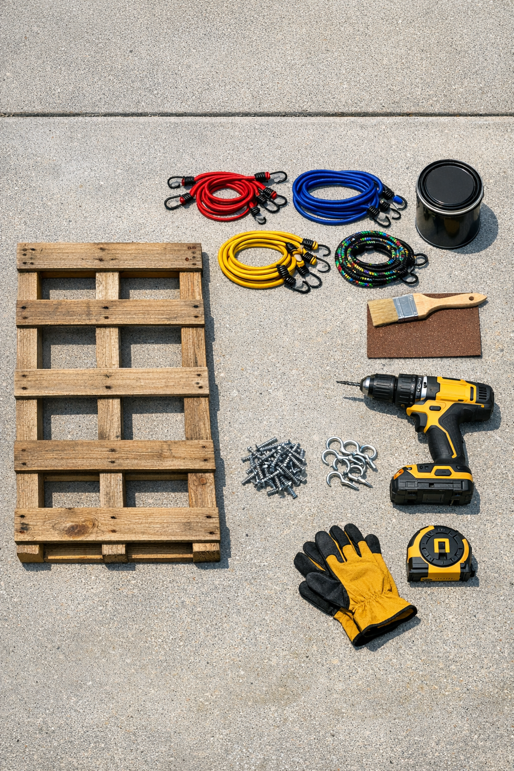 Materials for a painted pallet pool toy storage rack laid out neatly