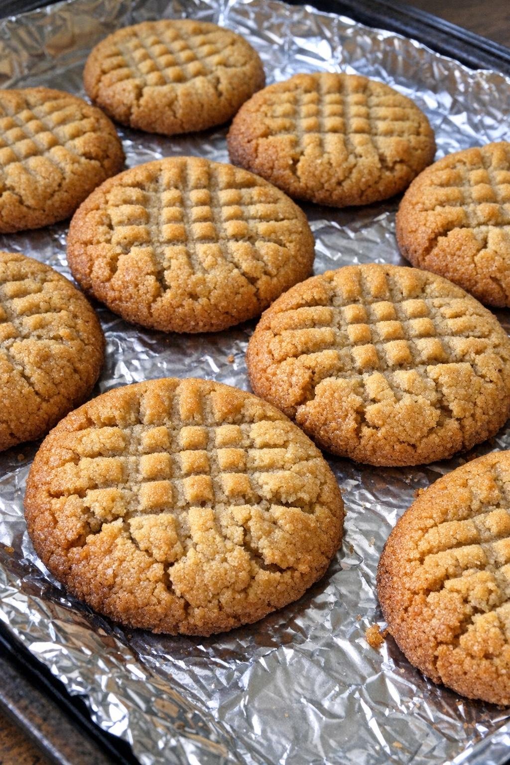 Golden peanut butter cookies on a foil-lined baking tray