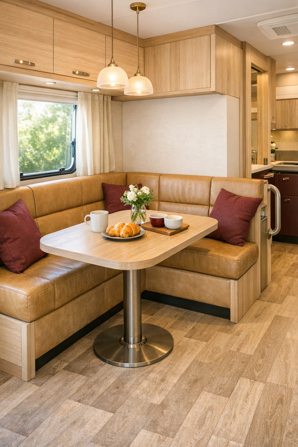 Compact RV camper dining nook with camel banquette, rounded table, and soft wood finishes