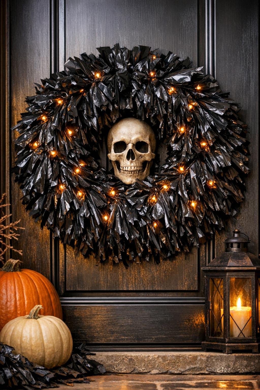 Completed black fringe Halloween wreath hanging on a front door