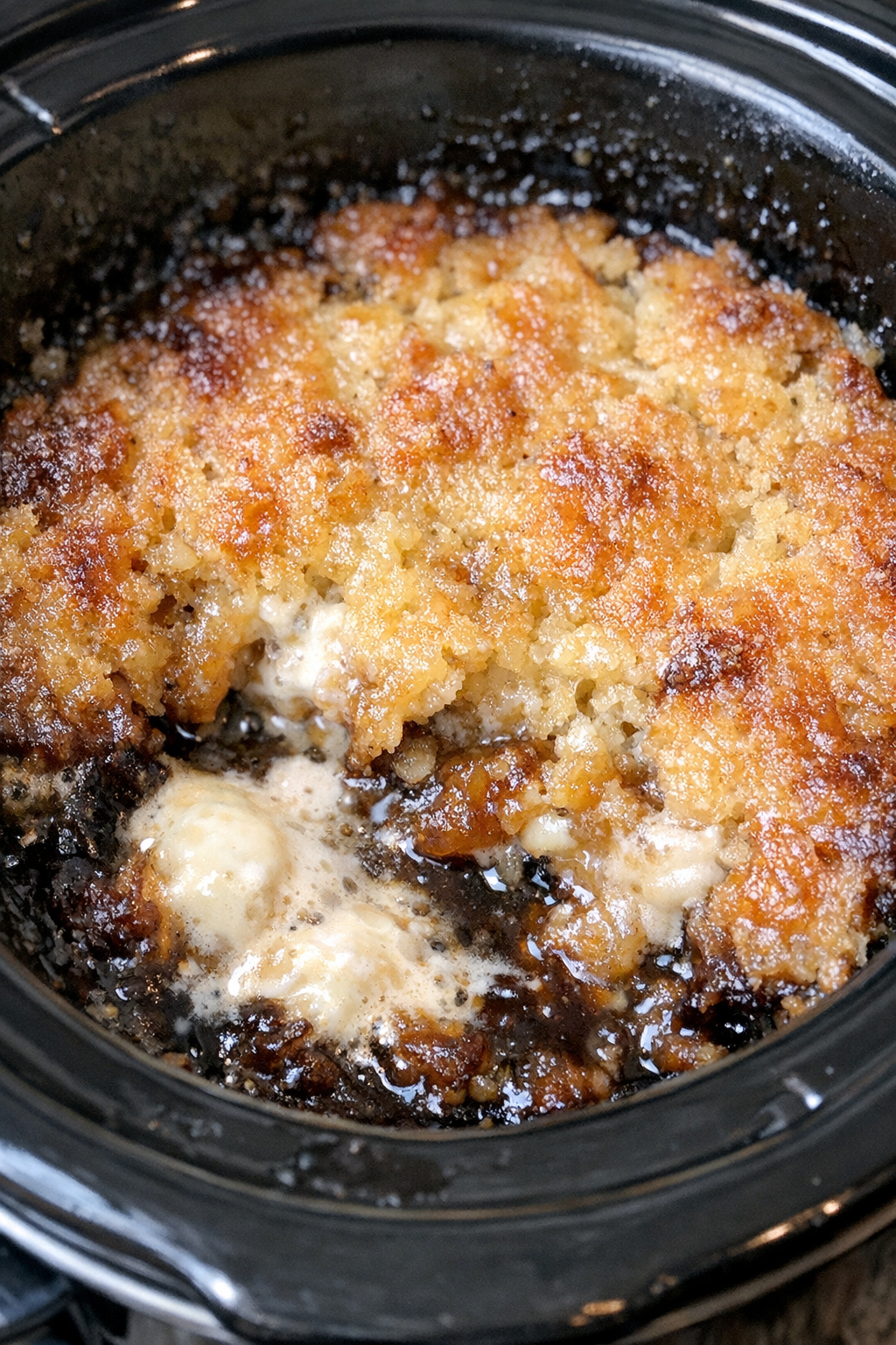 Slow cooker root beer float dump cake in a black slow cooker