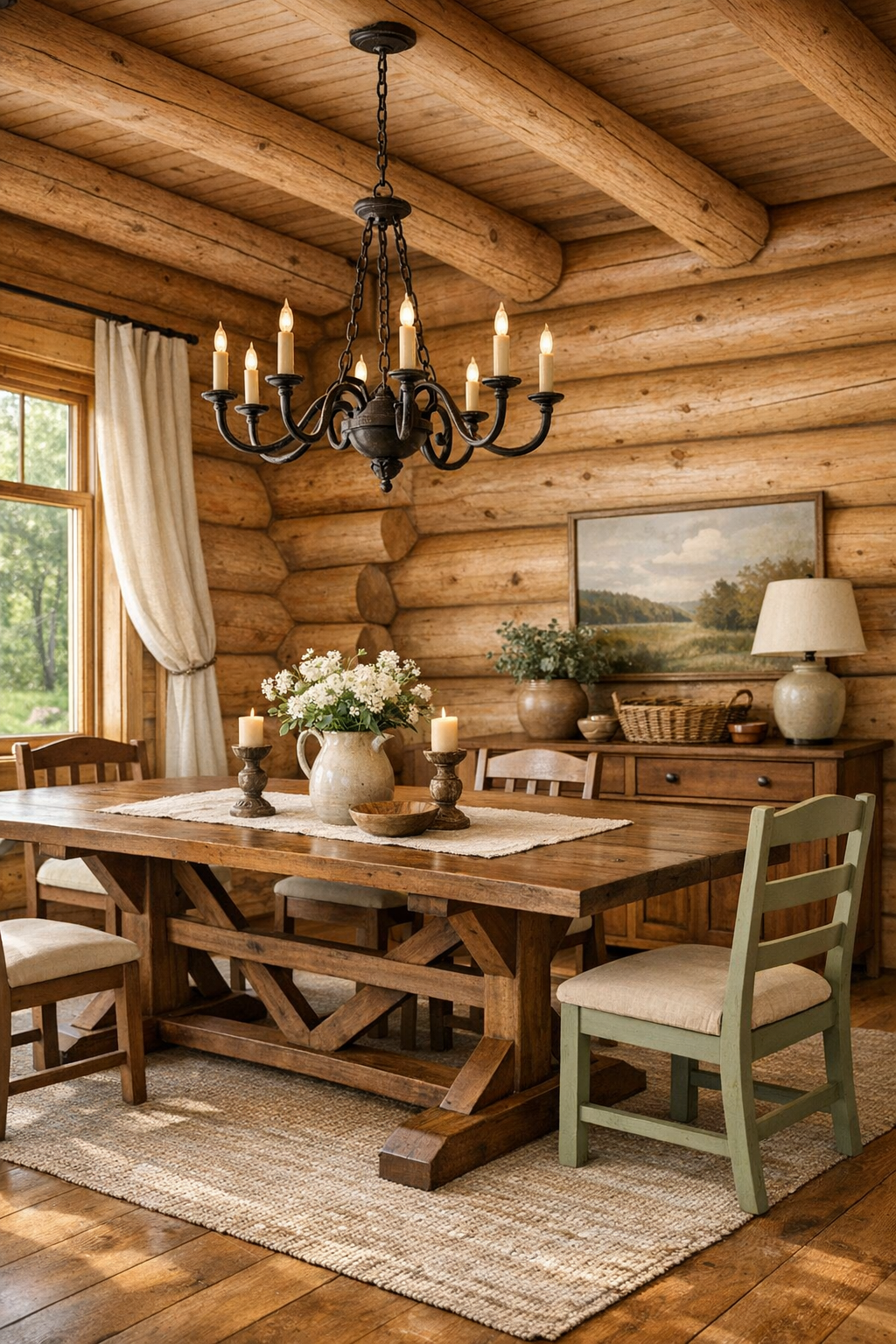 Classic rustic dining room with trestle table and iron chandelier