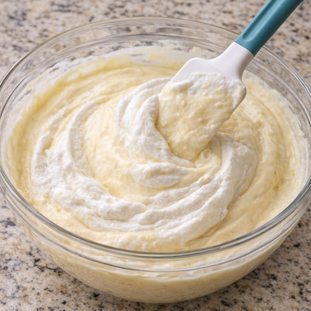 Whipped topping folded into lemonade mixture to make a fluffy pale yellow filling