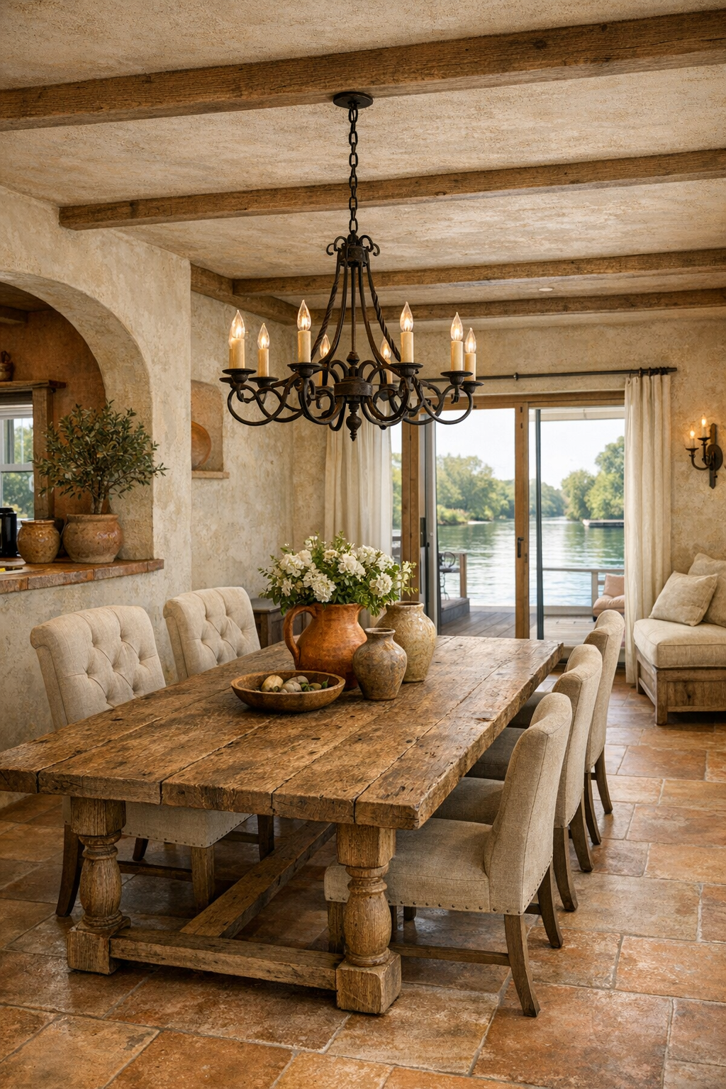 Warm Tuscan-style dining room with a weathered oak table, wrought-iron chandelier, and spacious accessible circulation