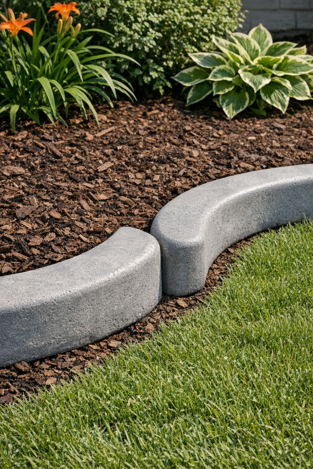 Two finished curved cement yard borders installed beside a garden bed