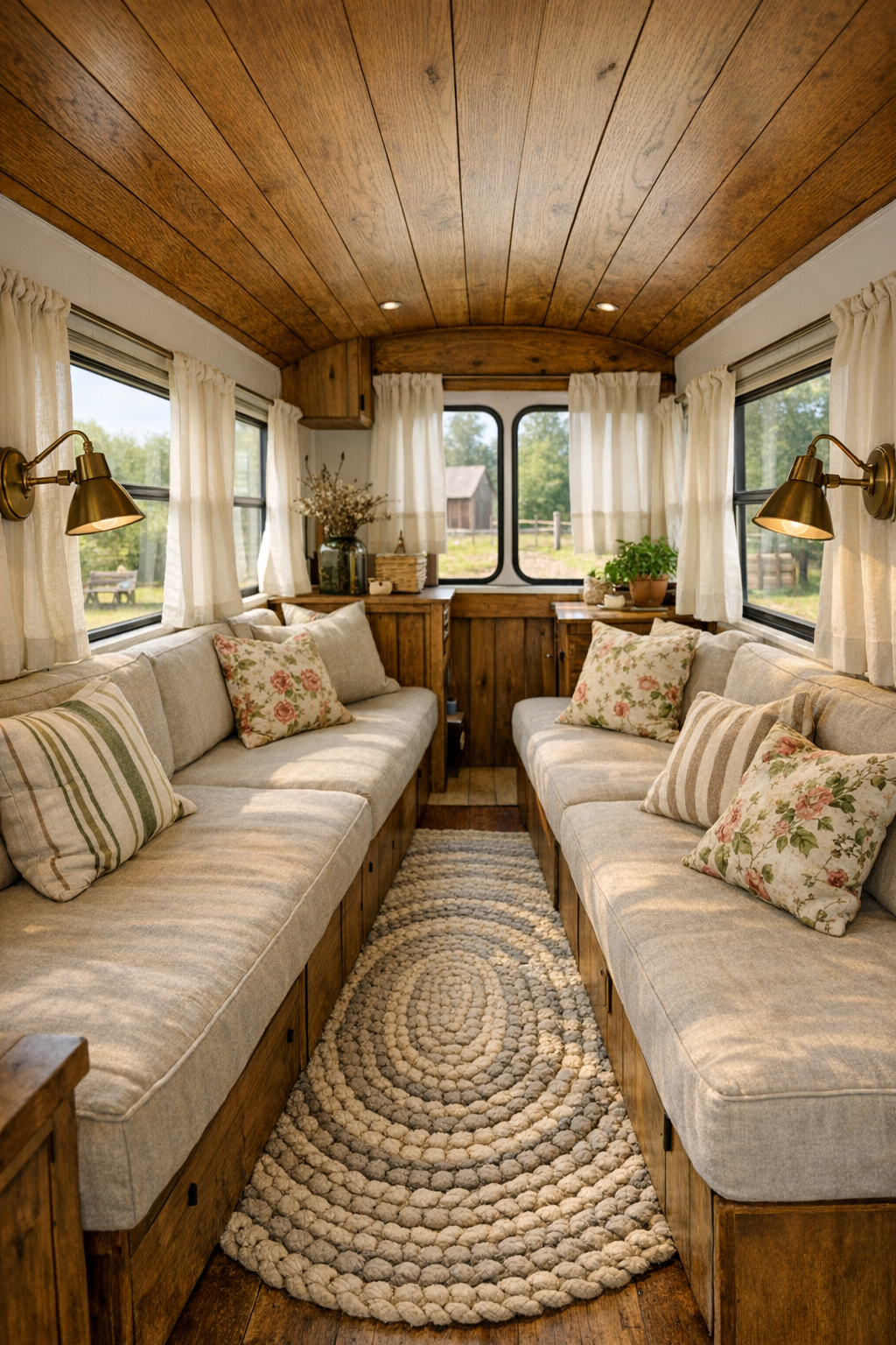 Warm living room inside a converted homestead bus with built-in bench seating and wood ceiling